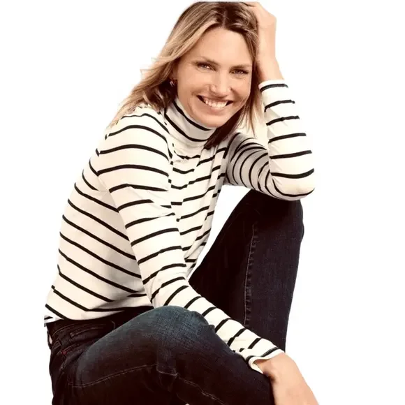 TALBOTS Turtleneck Chloe Top Long Sleeve Cream Black Stripe Women Petite XL NWOT - Picture 1 of 8